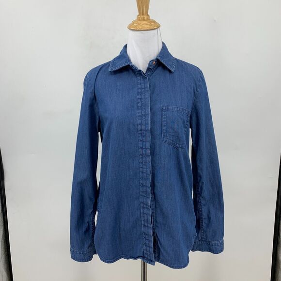 Cece Nordstrom Chambray Top Womens XS Extra Small Blue Hidden Buttons Shirt - Picture 2 of 12